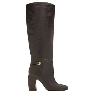 NEW Tory Burch Buckled Pebble Brown Leather Banana High Heeled Boots Size 6